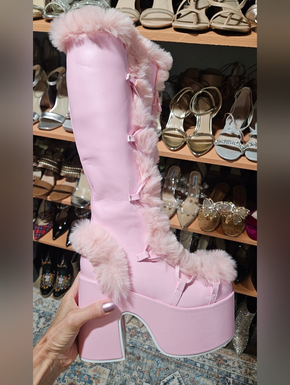 Pink Platform Knee-High Faux Fur Trim Boots - Women Pleather-Vinyl